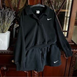 Nike Phoenix Fleece Black 3/4 Sleeve Polo Sweatshirt and Shorts Set